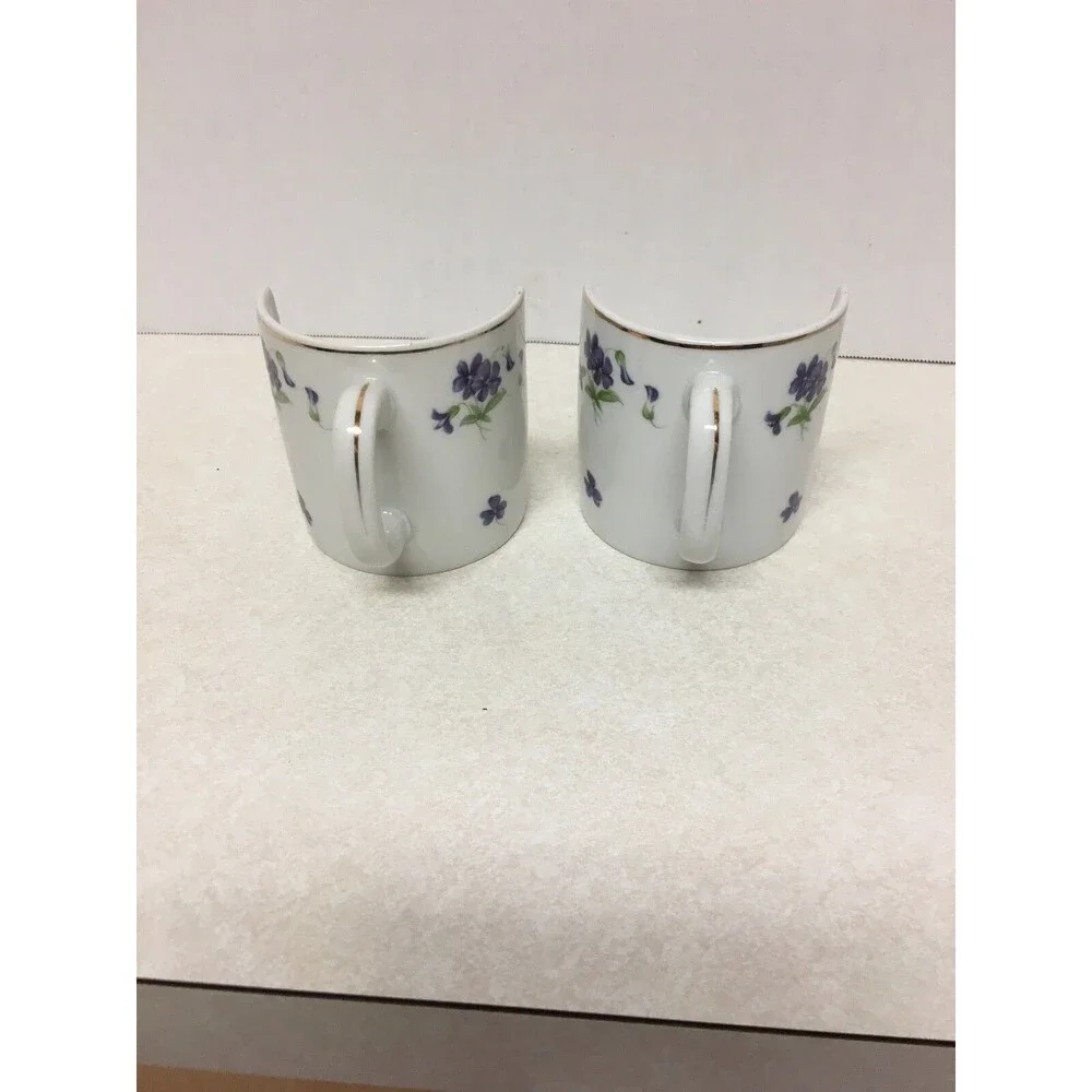 Vintage 2 Candle Holder Coffee Mug Design Purple Flowers Made In JAPAN PWF